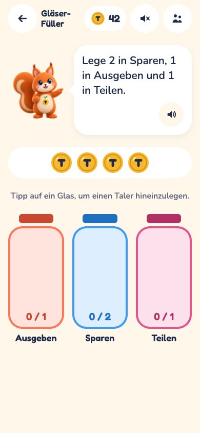 Spiel: Taler auf drei Gläser verteilen