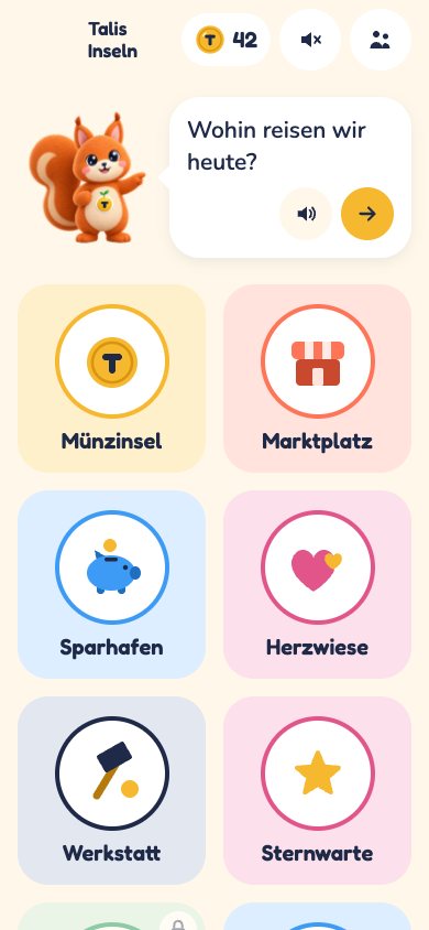 Die Inselkarte in der Taleri-App mit Tali und acht Lernwelten